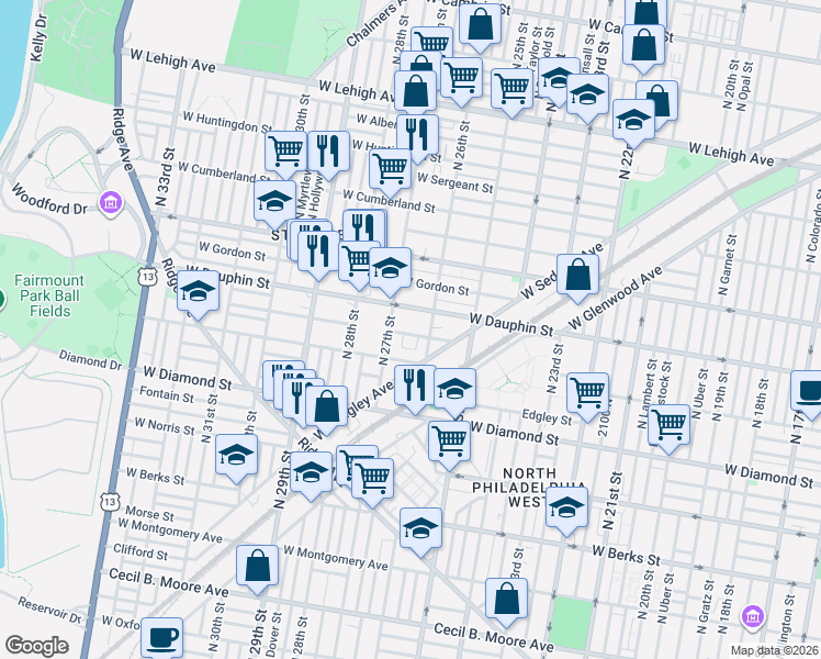 map of restaurants, bars, coffee shops, grocery stores, and more near 2240 North 26th Street in Philadelphia