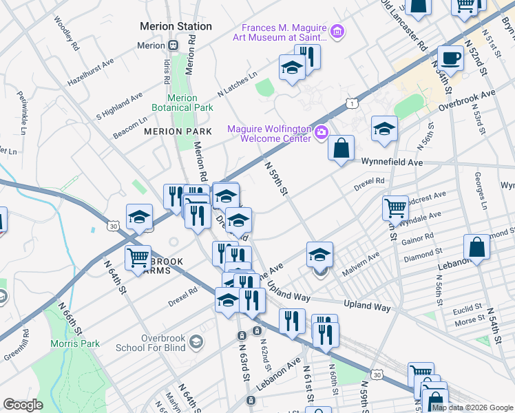 map of restaurants, bars, coffee shops, grocery stores, and more near 5967 Overbrook Avenue in Philadelphia