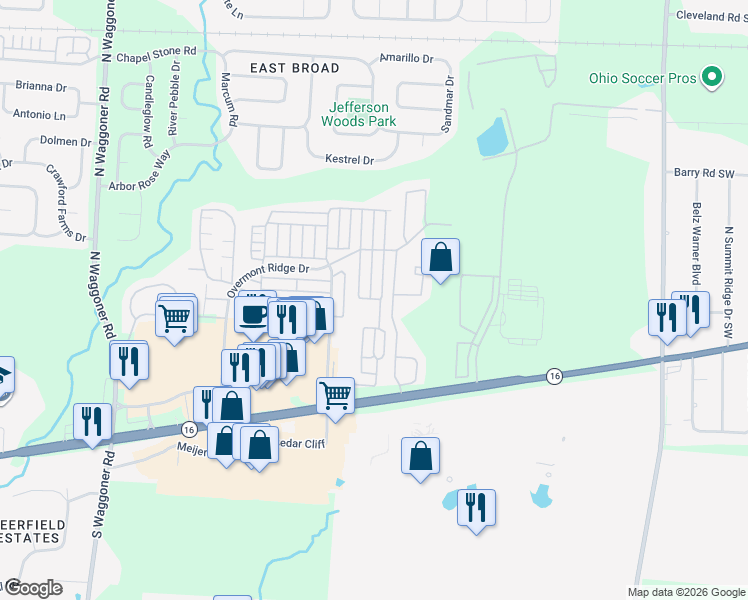 map of restaurants, bars, coffee shops, grocery stores, and more near 215 Oxford Oak Drive in Blacklick