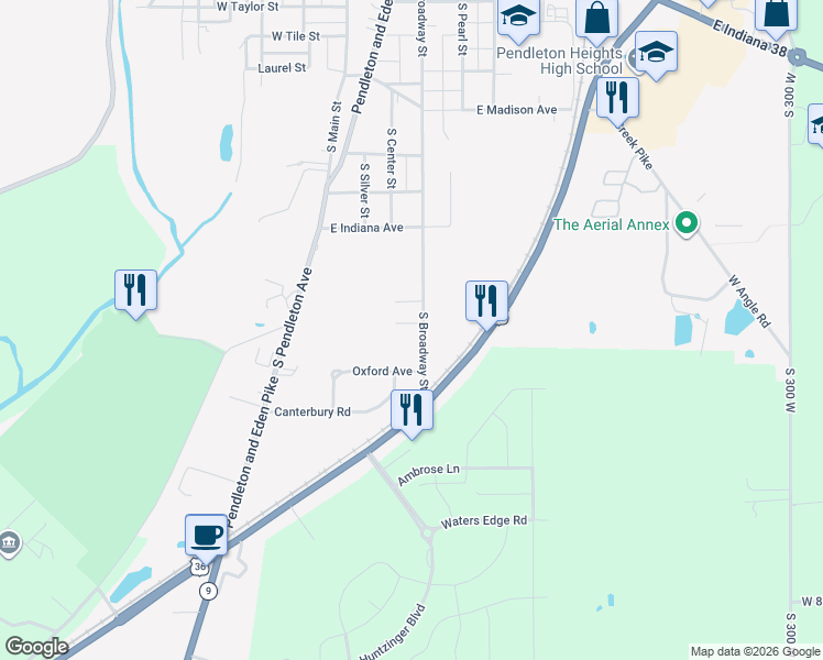 map of restaurants, bars, coffee shops, grocery stores, and more near 922 South Broadway Street in Pendleton