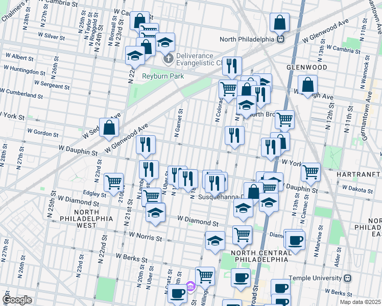 map of restaurants, bars, coffee shops, grocery stores, and more near 2350 North Cleveland Street in Philadelphia