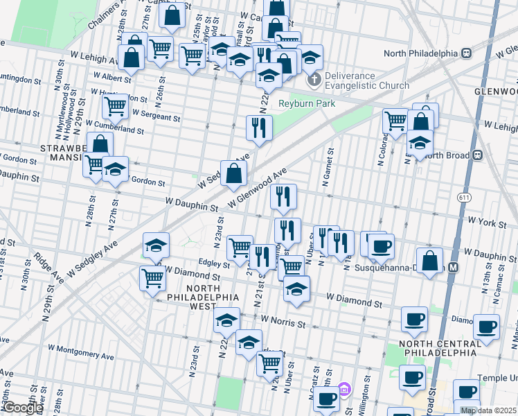 map of restaurants, bars, coffee shops, grocery stores, and more near 2317 North Beechwood Street in Philadelphia