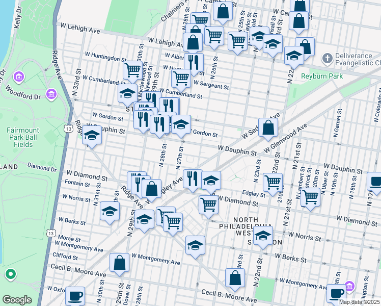 map of restaurants, bars, coffee shops, grocery stores, and more near 2613 West Fletcher Street in Philadelphia