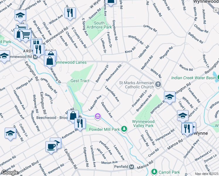 map of restaurants, bars, coffee shops, grocery stores, and more near 1620 Delmont Avenue in Havertown