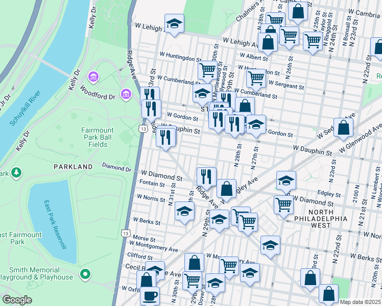 map of restaurants, bars, coffee shops, grocery stores, and more near 3019 West Susquehanna Avenue in Philadelphia