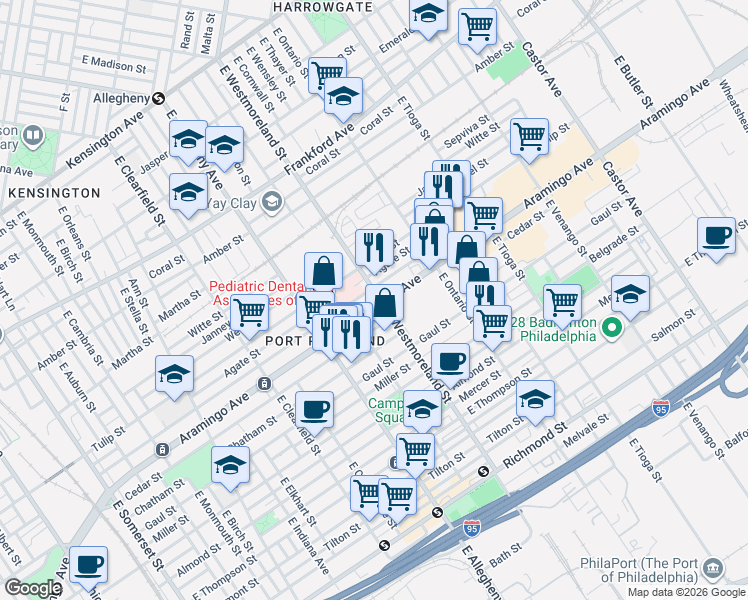 map of restaurants, bars, coffee shops, grocery stores, and more near 3308 Memphis Street in Philadelphia