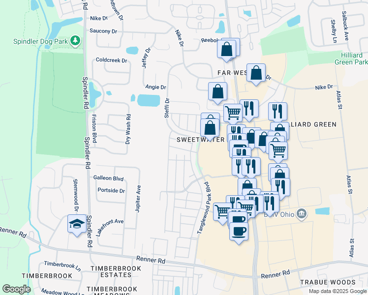 map of restaurants, bars, coffee shops, grocery stores, and more near 5716 Apricot Lane in Hilliard