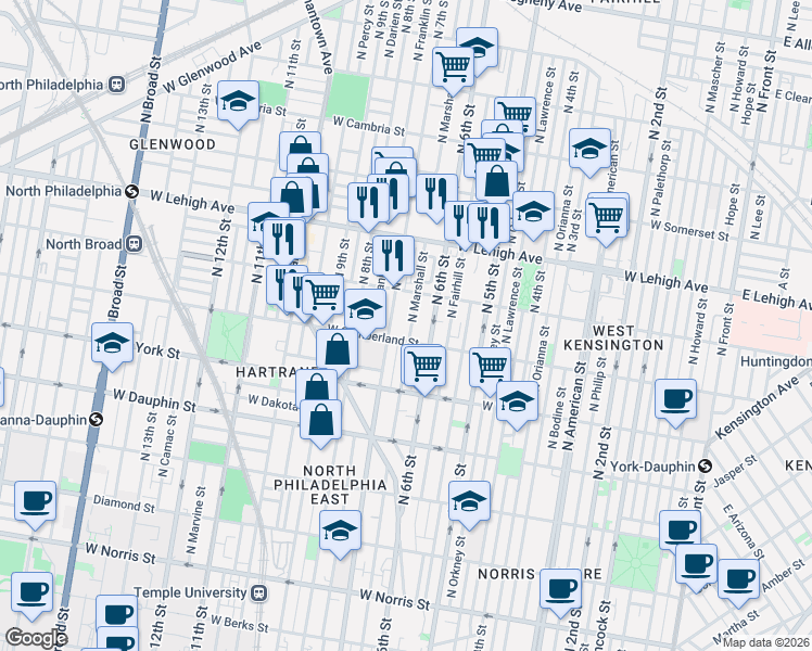 map of restaurants, bars, coffee shops, grocery stores, and more near 2517 North 7th Street in Philadelphia