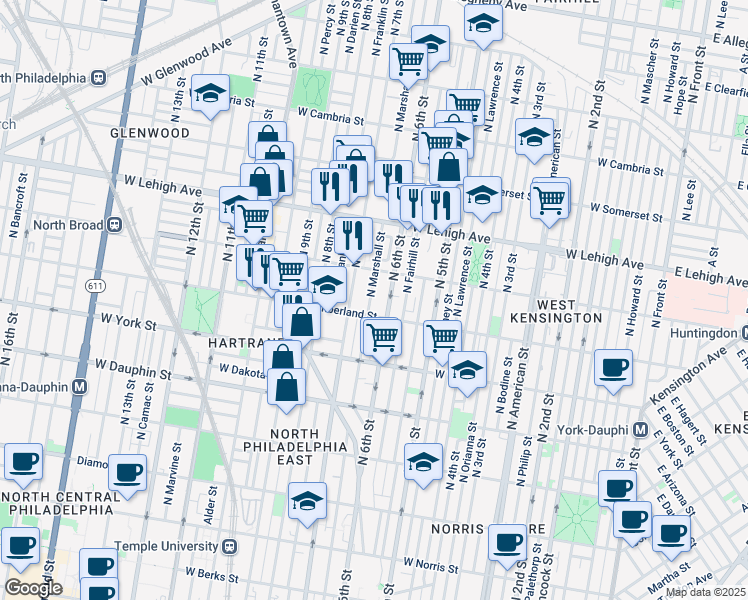 map of restaurants, bars, coffee shops, grocery stores, and more near 2515 North Marshall Street in Philadelphia