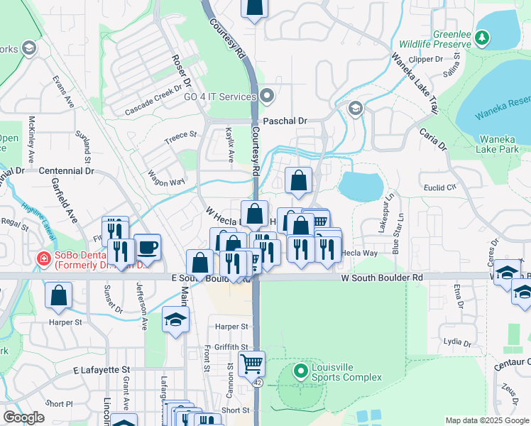 map of restaurants, bars, coffee shops, grocery stores, and more near 1331 Hecla Drive in Louisville