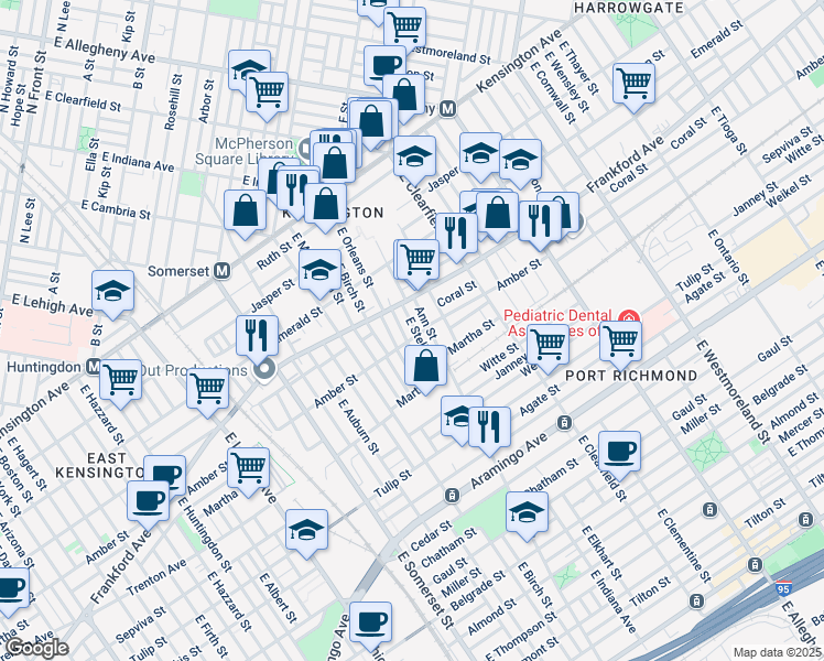 map of restaurants, bars, coffee shops, grocery stores, and more near 2070 East Stella Street in Philadelphia