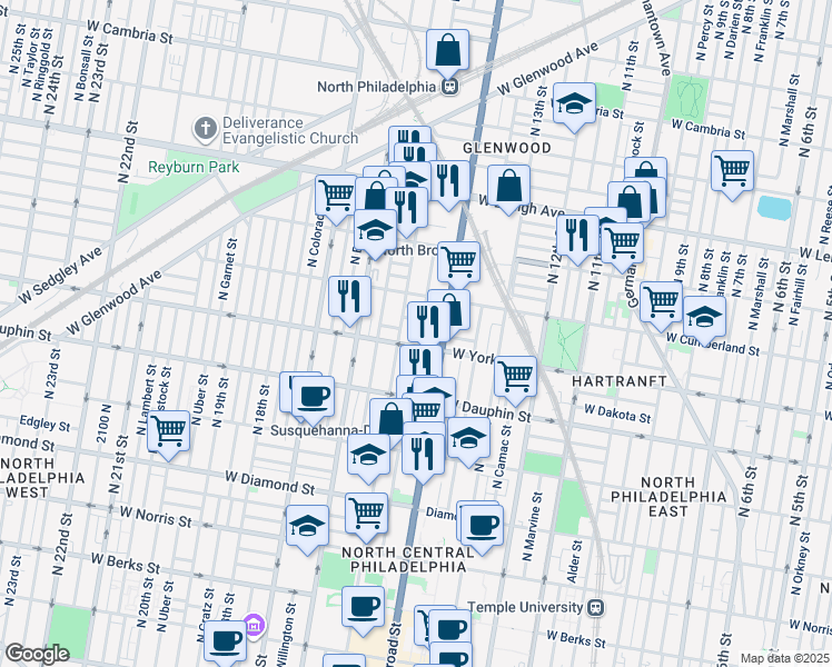 map of restaurants, bars, coffee shops, grocery stores, and more near 2416 North Carlisle Street in Philadelphia