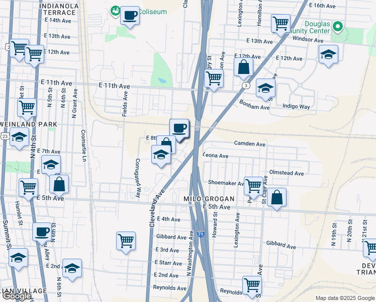 map of restaurants, bars, coffee shops, grocery stores, and more near 1231 Cleveland Avenue in Columbus