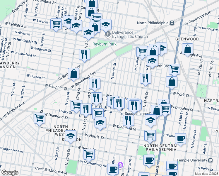 map of restaurants, bars, coffee shops, grocery stores, and more near 2340 North Garnet Street in Philadelphia