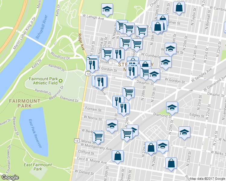 map of restaurants, bars, coffee shops, grocery stores, and more near 3033 West Susquehanna Avenue in Philadelphia