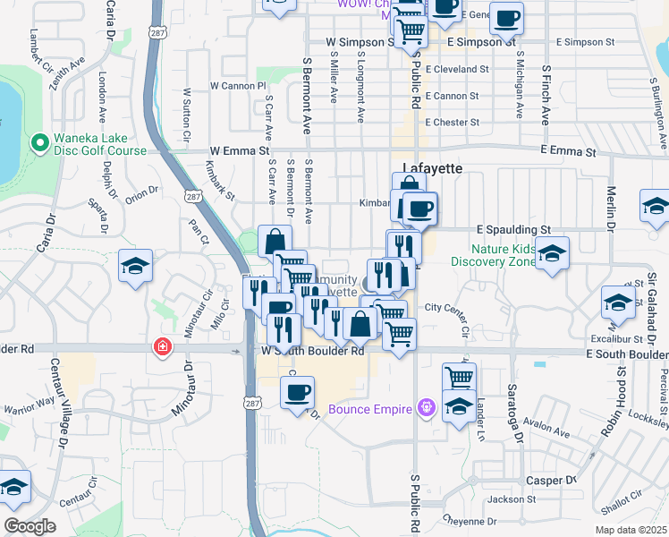 map of restaurants, bars, coffee shops, grocery stores, and more near 225 Waneka Parkway in Lafayette