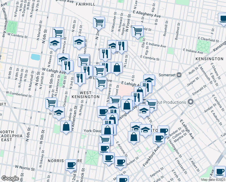 map of restaurants, bars, coffee shops, grocery stores, and more near 2615 North Howard Street in Philadelphia