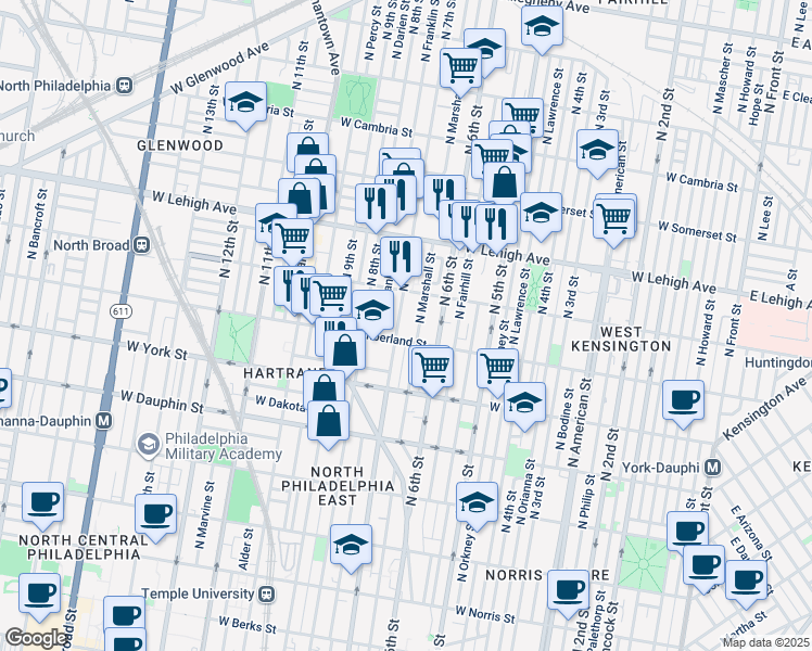 map of restaurants, bars, coffee shops, grocery stores, and more near 2517 North 7th Street in Philadelphia