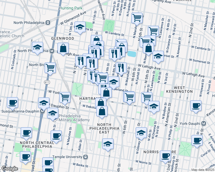 map of restaurants, bars, coffee shops, grocery stores, and more near 2501 Germantown Avenue in Philadelphia