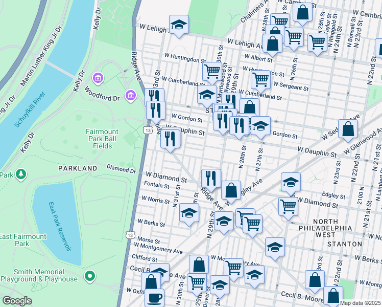 map of restaurants, bars, coffee shops, grocery stores, and more near 3033 West Susquehanna Avenue in Philadelphia