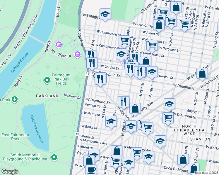 map of restaurants, bars, coffee shops, grocery stores, and more near 3041 West Susquehanna Avenue in Philadelphia