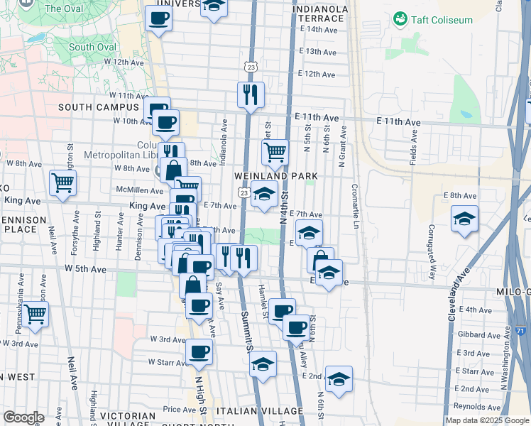 map of restaurants, bars, coffee shops, grocery stores, and more near 186 East 7th Avenue in Columbus
