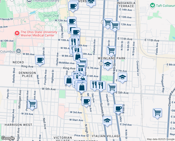 map of restaurants, bars, coffee shops, grocery stores, and more near 77 East 7th Avenue in Columbus
