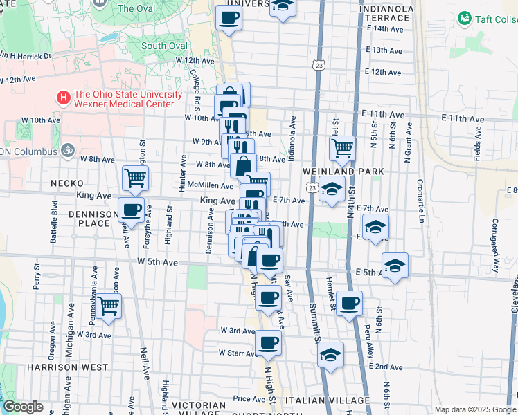 map of restaurants, bars, coffee shops, grocery stores, and more near 1374 North High Street in Columbus
