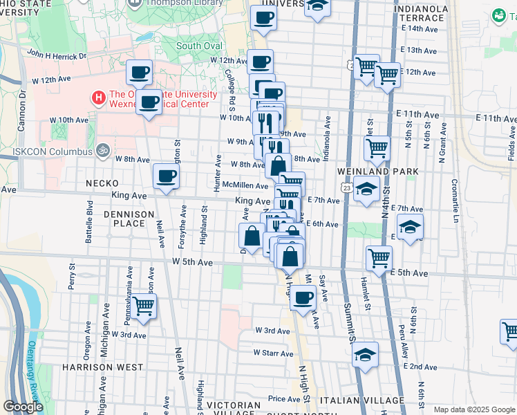 map of restaurants, bars, coffee shops, grocery stores, and more near 29 King Avenue in Columbus