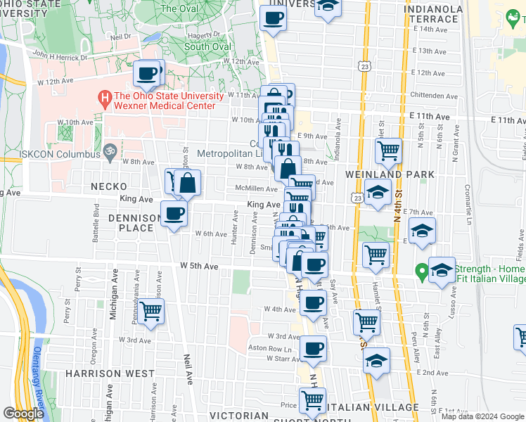 map of restaurants, bars, coffee shops, grocery stores, and more near 29 King Avenue in Columbus