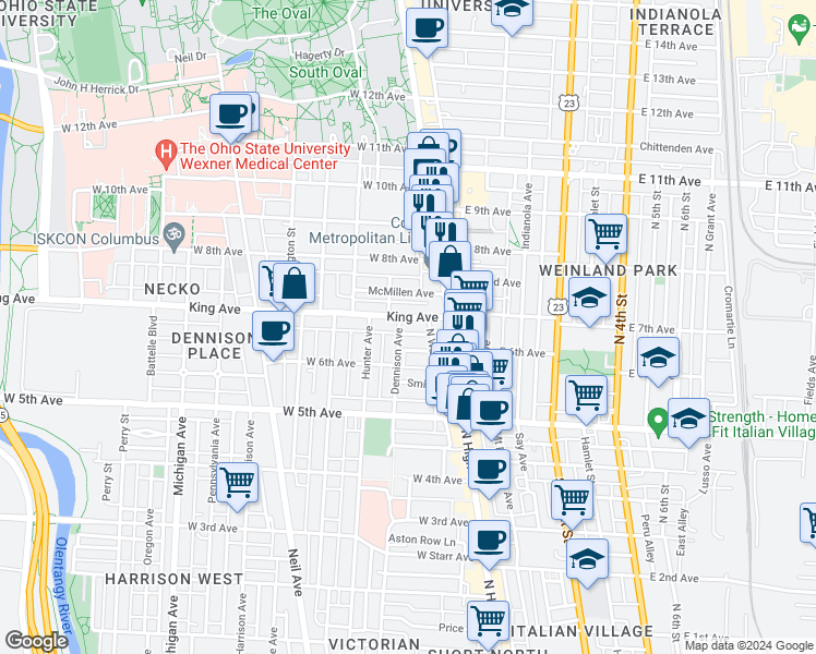 map of restaurants, bars, coffee shops, grocery stores, and more near 29 King Avenue in Columbus