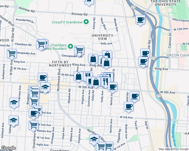 map of restaurants, bars, coffee shops, grocery stores, and more near 1518 Kenny Road in Columbus