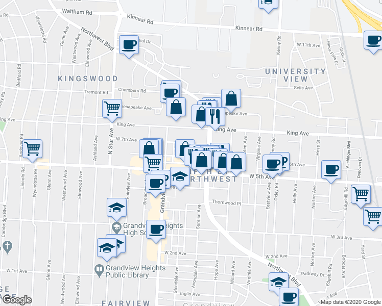 map of restaurants, bars, coffee shops, grocery stores, and more near 1312 West 6th Avenue in Columbus