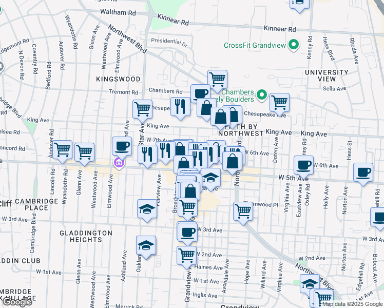 map of restaurants, bars, coffee shops, grocery stores, and more near 1573 Grandview Avenue in Columbus