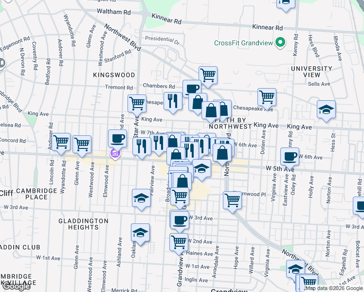 map of restaurants, bars, coffee shops, grocery stores, and more near 1573 Grandview Avenue in Columbus