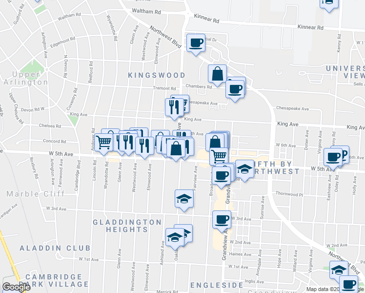 map of restaurants, bars, coffee shops, grocery stores, and more near 1597 North Star Avenue in Columbus