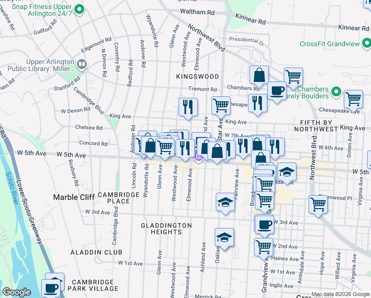 map of restaurants, bars, coffee shops, grocery stores, and more near 1619 Elmwood Avenue in Columbus