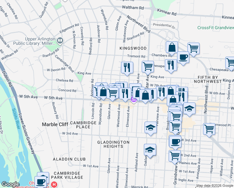 map of restaurants, bars, coffee shops, grocery stores, and more near 1628 Glenn Avenue in Columbus