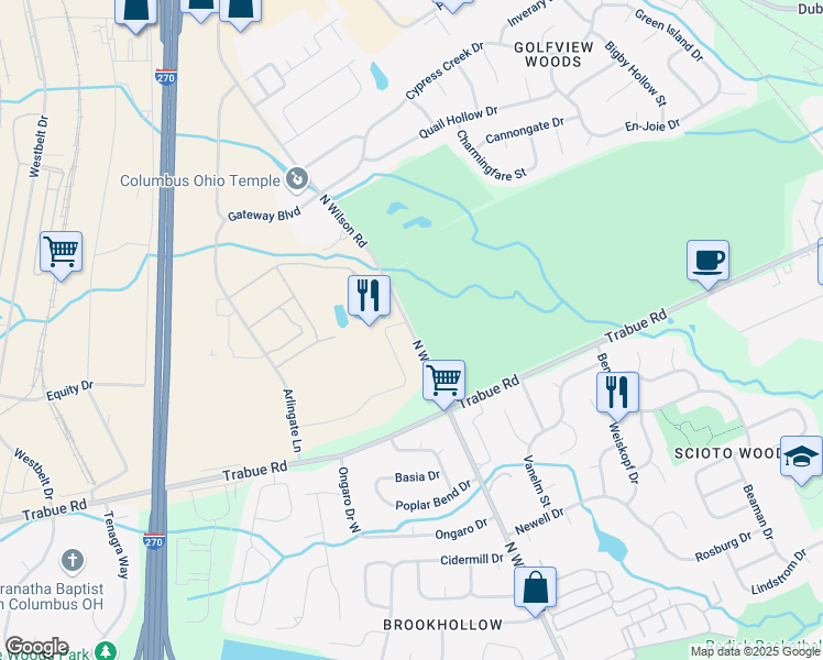 map of restaurants, bars, coffee shops, grocery stores, and more near 1809 North Wilson Road in Columbus