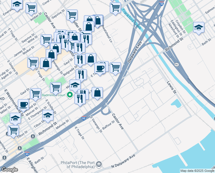 map of restaurants, bars, coffee shops, grocery stores, and more near 3752 Richmond Street in Philadelphia
