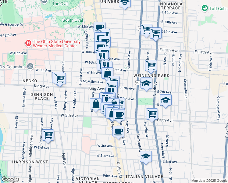 map of restaurants, bars, coffee shops, grocery stores, and more near 1350 North High Street in Columbus