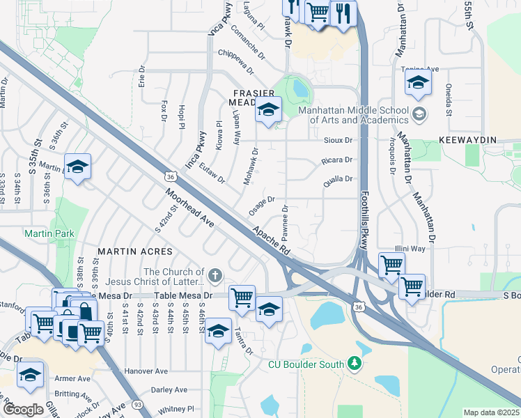 map of restaurants, bars, coffee shops, grocery stores, and more near 4490 Osage Drive in Boulder