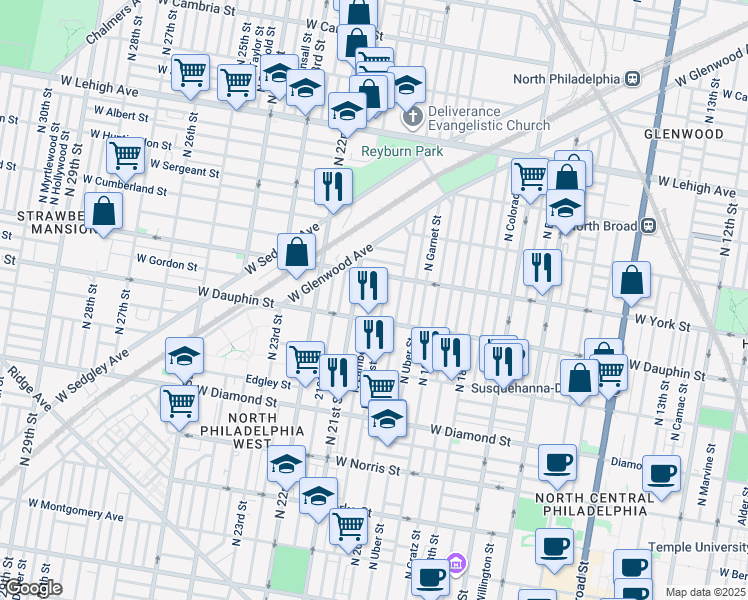 map of restaurants, bars, coffee shops, grocery stores, and more near 2329 North Lambert Street in Philadelphia