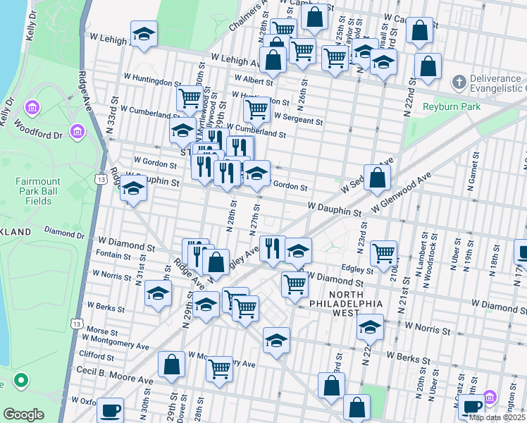 map of restaurants, bars, coffee shops, grocery stores, and more near 2627 West Fletcher Street in Philadelphia