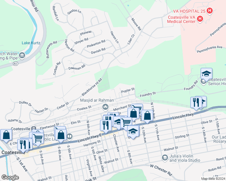 map of restaurants, bars, coffee shops, grocery stores, and more near 424 North 8th Avenue in Coatesville