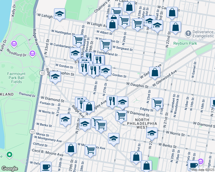 map of restaurants, bars, coffee shops, grocery stores, and more near 2631 West Fletcher Street in Philadelphia