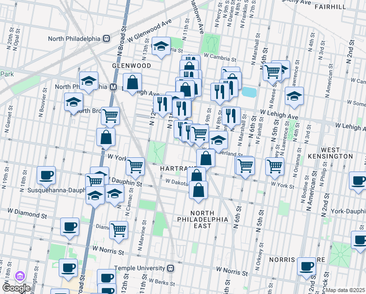 map of restaurants, bars, coffee shops, grocery stores, and more near 2452 North 10th Street in Philadelphia