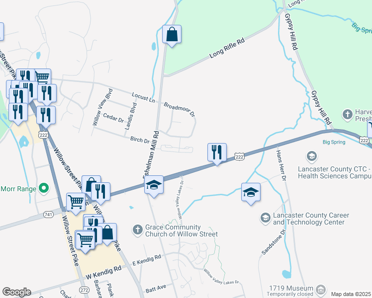 map of restaurants, bars, coffee shops, grocery stores, and more near Salix Court in Willow Street