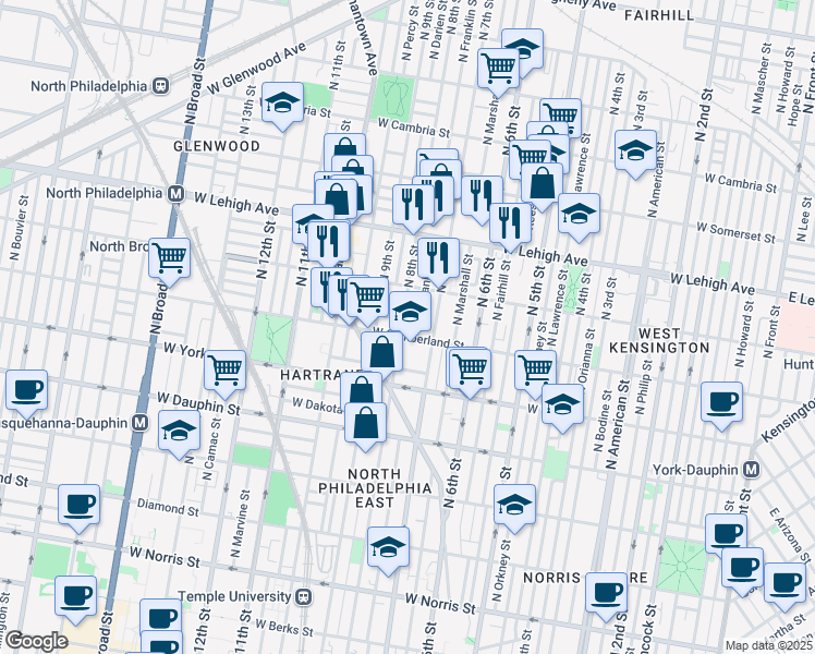 map of restaurants, bars, coffee shops, grocery stores, and more near 2515 North 8th Street in Philadelphia