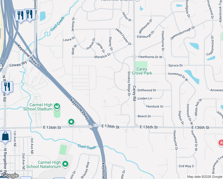 map of restaurants, bars, coffee shops, grocery stores, and more near 3207 Driftwood Court in Carmel